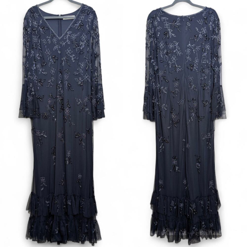 Mac Duggal Navy Beaded Mesh Bell Sleeve Tiered Ruffle Hem Evening Gown 16W - Picture 3 of 7